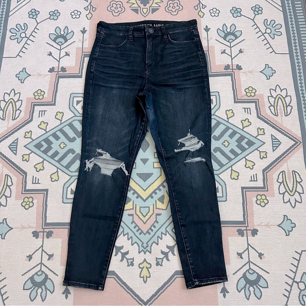 American Eagle Dark Wash Curvy Stretch Ripped Hi-Rise Jegging